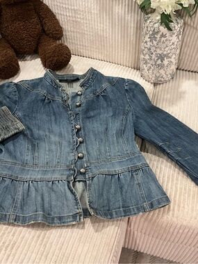 Girls' Blue Denim Ruffle Hem Jacket - Classic Style